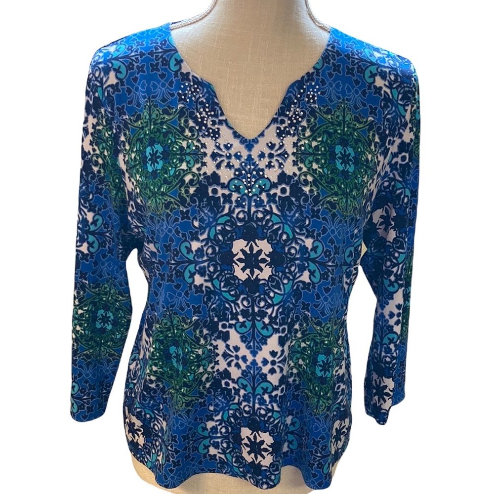 Allison Daley Ladies Blue and Green Print Top